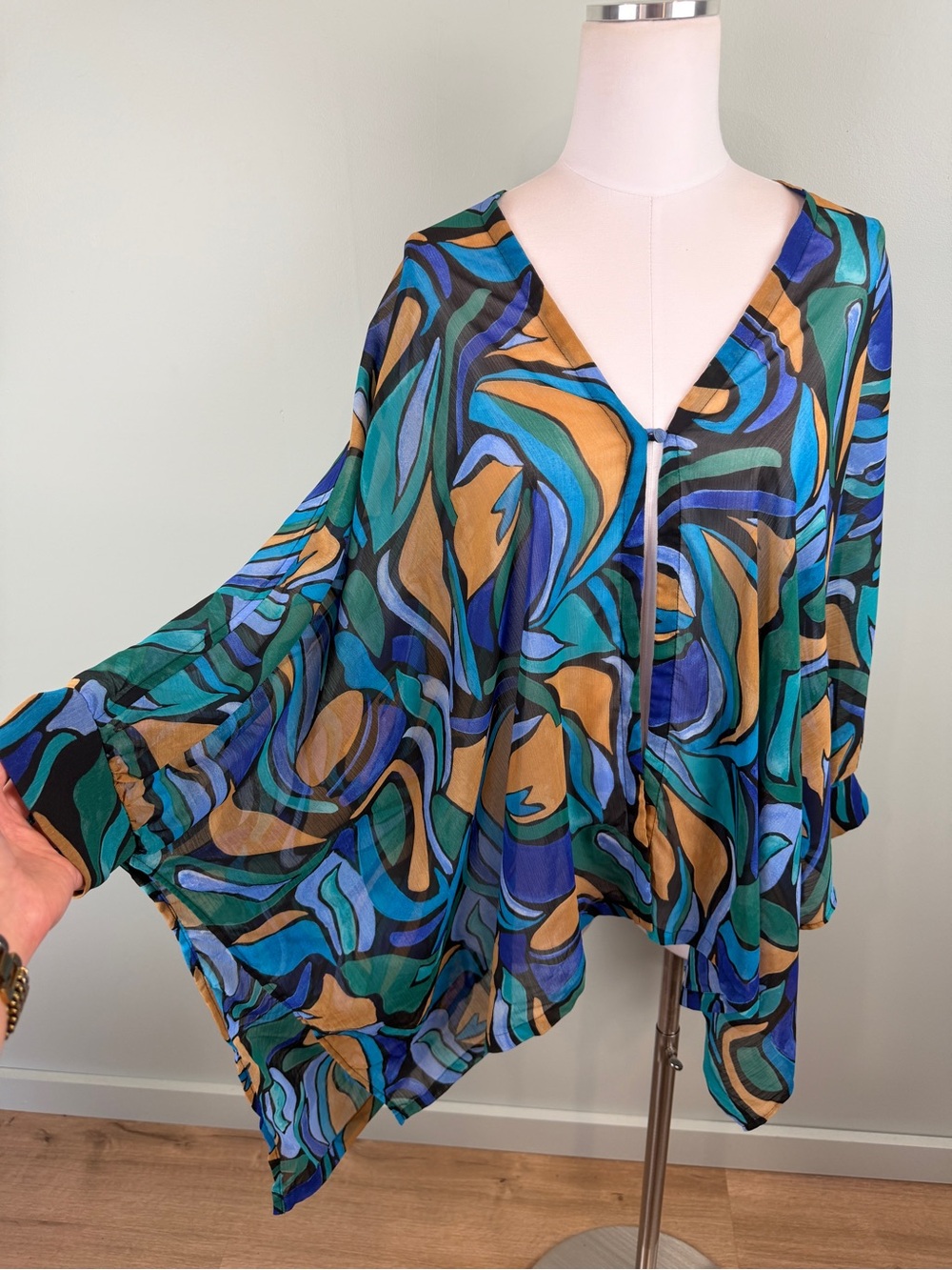Chico's Teal Blue Green & Gold open-front sheer abstract print kimono blouse S/M